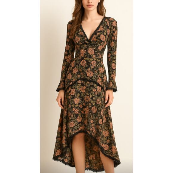 Nicholas V Neck Long Sleeve Sheer Midi Dress Hankerchief Hem Sexy Size 0 - Picture 1 of 8